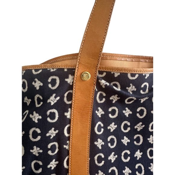 CELINE Vintage Tan Blue Macadam Tote Shoulder Bag - Picture 15 of 16